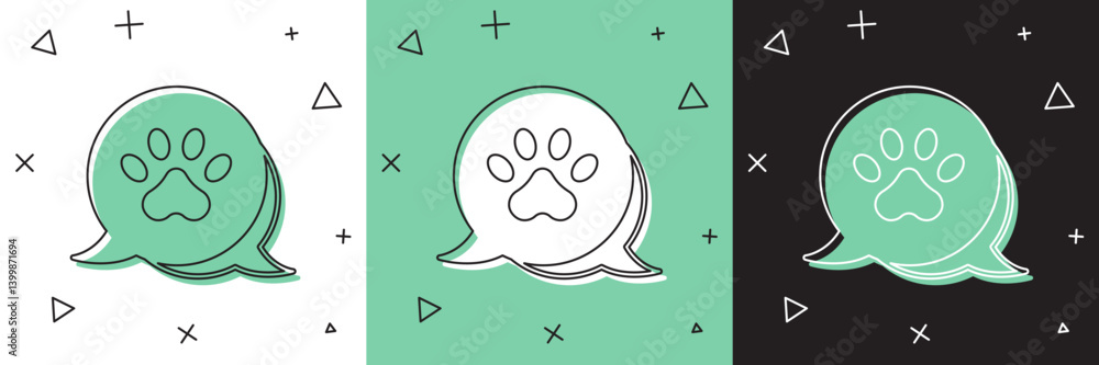 Set Paw print icon isolated on white and green, black background. Dog or cat paw print. Animal track. Vector Set Paw print icon isolated on white and green, black background. Dog or cat paw print. Animal track. Vector