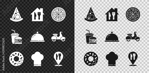 Set Slice of pizza, Online ordering and delivery, Pizza, Donut, Chef hat, Cafe restaurant location, Paper glass burger and Covered with tray food icon. Vector