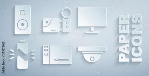 Set Graphic tablet, Computer monitor screen, Broken battery, Motion sensor, Cinema camera and Stereo speaker icon. Vector