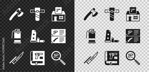 Set Wooden axe, Knife holster, Hunting shop weapon, Bayonet rifle, Book with pistol or gun, Pistol search, Hand smoke grenade and Gun magazine bullets icon. Vector