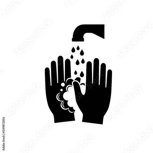 Washing Hands Hygiene Icon, Cleanliness Symbol, Soap Bubbles, Water Tap, Handwashing