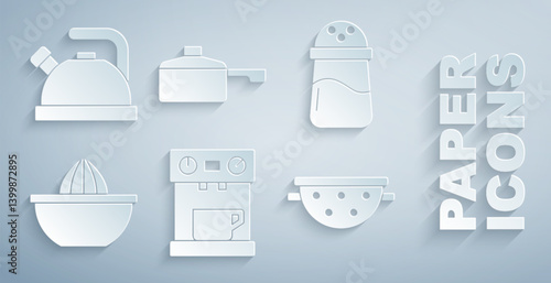 Set Coffee machine, Salt, Citrus fruit juicer, Kitchen colander, Frying pan and Kettle with handle icon. Vector