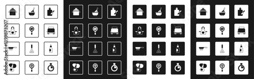 Set Cutting board and knife, Fried eggs on frying pan, Kitchen apron, Cooking pot, Toaster, whisk with bowl, Bottle of olive oil and Frying icon. Vector