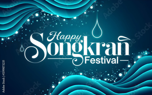 Happy Songkran Festival Neon Text with Water Droplets and Thai Aesthetics