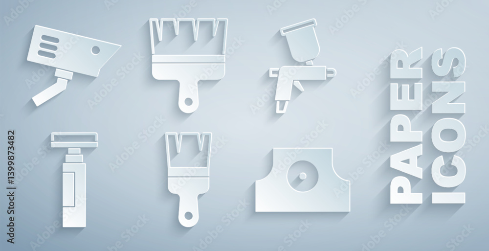 Set Paint brush, spray gun, Marker pen, Spray can nozzle cap, and Security camera icon. Vector Set Paint brush, spray gun, Marker pen, Spray can nozzle cap, and Security camera icon. Vector