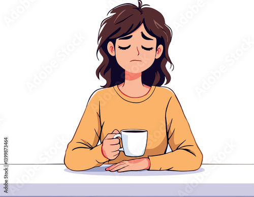 Vsai sad young woman drinking coffee alone at table