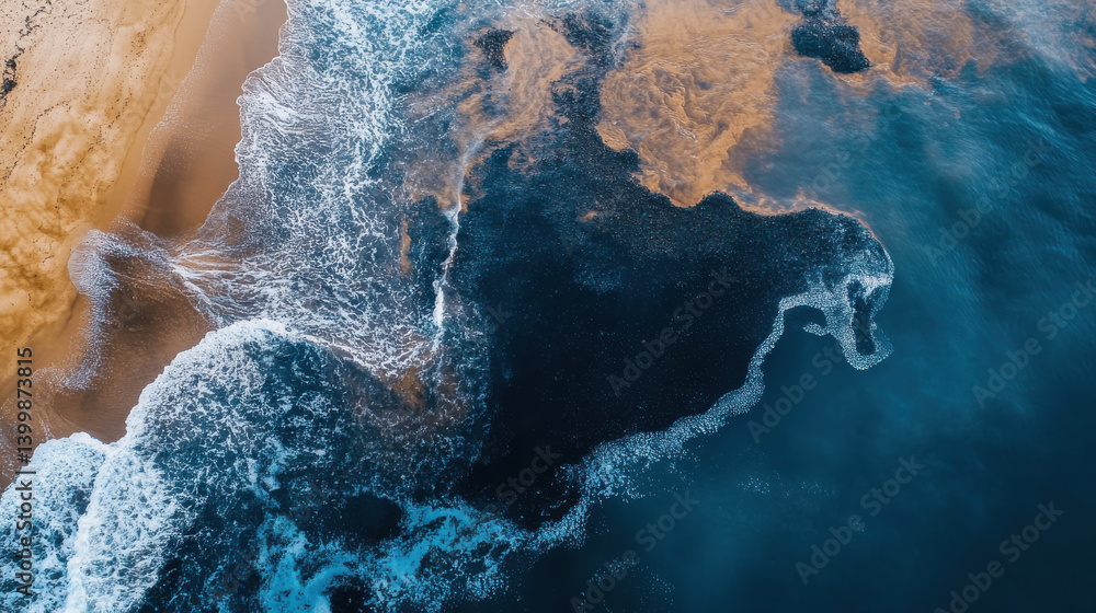 Fototapeta premium Ocean waves gently roll onto a sandy beach while the early morning sun paints the sky in warm orange and blue hues. The shoreline creates a tranquil atmosphere at dawn