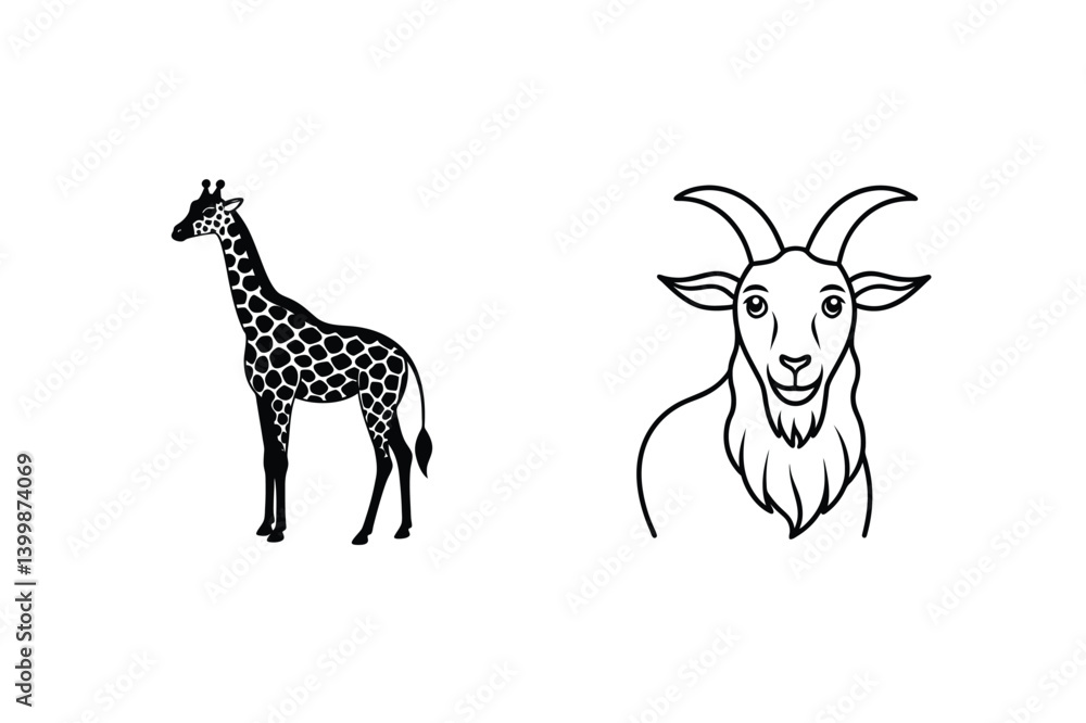 Fototapeta premium Giraffe Illustration With Spots And Detailed Goat Face Line Art Graphics