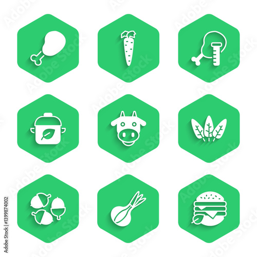 Set Cow head, Onion, Vegan food diet, Leaf, Acorn, Genetically modified chicken and Chicken leg icon. Vector