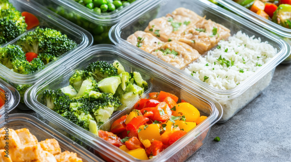 Colorful vegetables and grilled proteins are neatly arranged in clear containers for the week's meal prep. Fresh broccoli, peas, and rice provide a nutritious balance ideal for healthy eating Colorful vegetables and grilled proteins are neatly arranged in clear containers for the week's meal prep. Fresh broccoli, peas, and rice provide a nutritious balance ideal for healthy eating