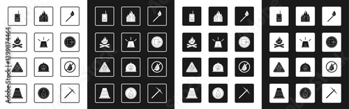 Set Burning match with fire, Flasher siren, Campfire, Walkie talkie, Fire exit, burning buildings, No and flame triangle icon. Vector