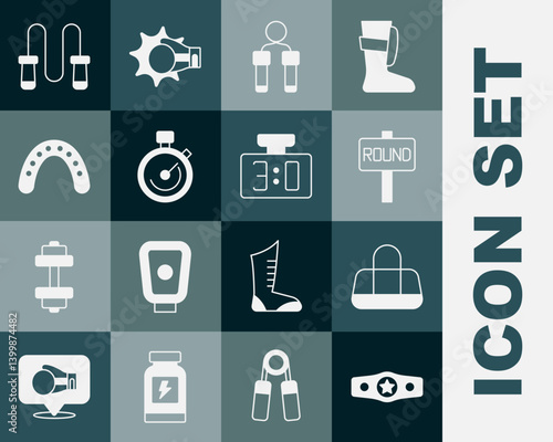 Set Boxing belt, Sport bag, ring board, Jump rope, Stopwatch, Mouth guard boxer, and mechanical scoreboard icon. Vector