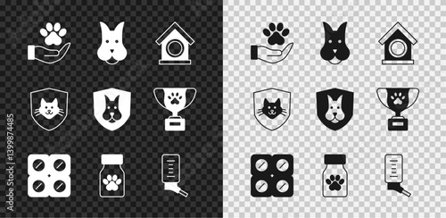Set Hands with animals footprint, Dog, house, pill, Medicine bottle pills, Drinker for small pets, Animal health insurance and icon. Vector