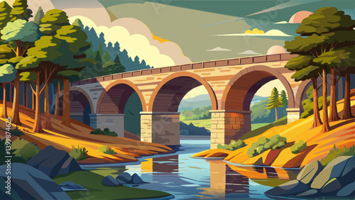 Majestic stone arch bridge formed by nature, casting a shadow over the river below under soft daylight