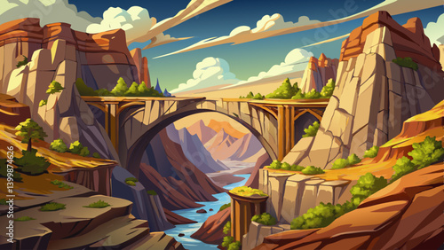 A natural stone bridge spanning a deep canyon, surrounded by rugged cliffs and dramatic skies