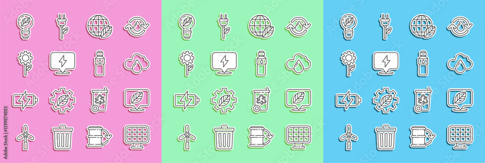 Set line Solar energy panel, Location with leaf, Cloud rain, Earth globe and, Lightning bolt, Leaf plant gear machine, bulb and Bottle of water icon. Vector Set line Solar energy panel, Location with leaf, Cloud rain, Earth globe and, Lightning bolt, Leaf plant gear machine, bulb and Bottle of water icon. Vector