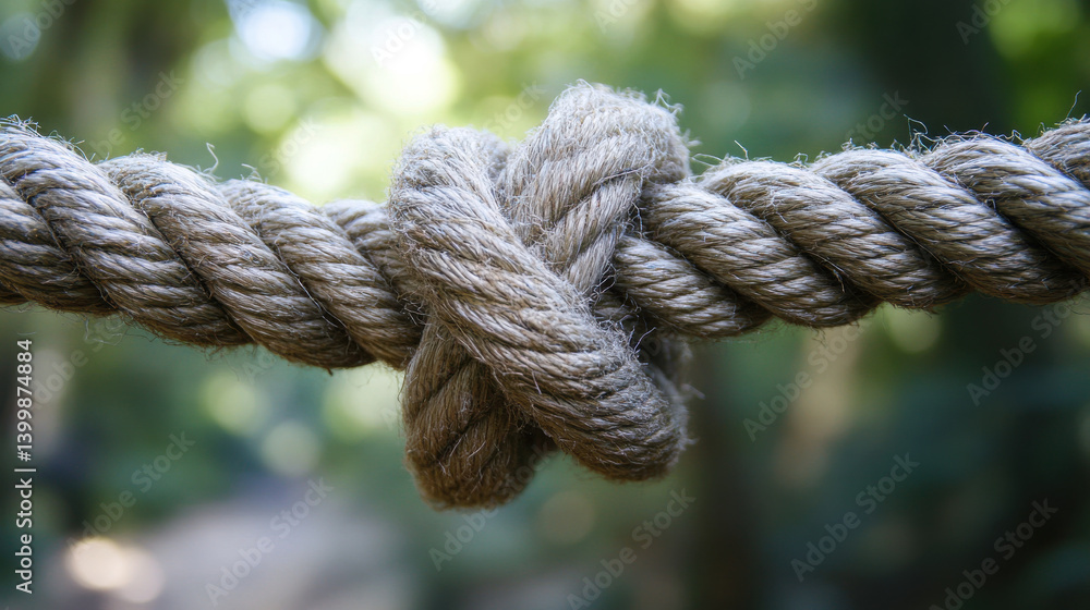 A sturdy knot is prominently featured on a length of natural hemp rope, bathed in sunlight. The soft-focus background emphasizes the details of the knot's texture and the surrounding greenery A sturdy knot is prominently featured on a length of natural hemp rope, bathed in sunlight. The soft-focus background emphasizes the details of the knot's texture and the surrounding greenery