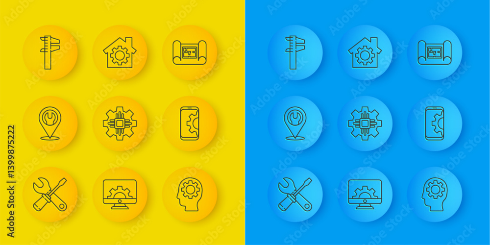 Set line Screwdriver and wrench spanner, Location with, Processor, Human head gear inside, Setting smartphone, Calliper caliper scale, House plan and icon. Vector Set line Screwdriver and wrench spanner, Location with, Processor, Human head gear inside, Setting smartphone, Calliper caliper scale, House plan and icon. Vector