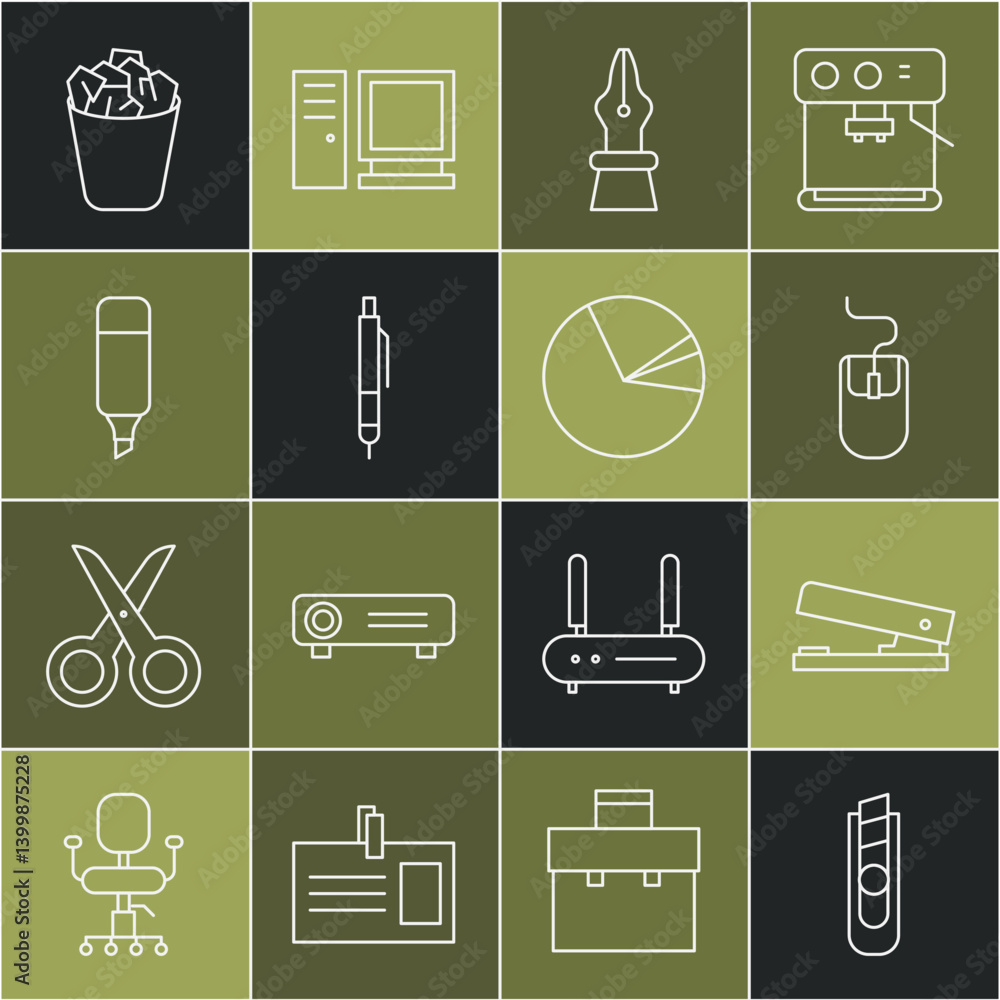 Set line Stationery knife, Office stapler, Computer mouse, Fountain pen nib, Pen, Marker, Full trash can and Pie chart infographic icon. Vector Set line Stationery knife, Office stapler, Computer mouse, Fountain pen nib, Pen, Marker, Full trash can and Pie chart infographic icon. Vector