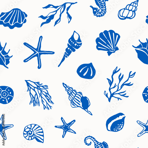 Blue sea life and shells seamless vector pattern