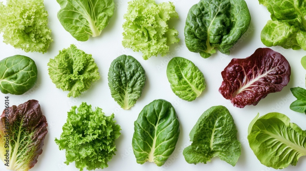 Assorted fresh leafy greens arranged on a white surface Assorted fresh leafy greens arranged on a white surface