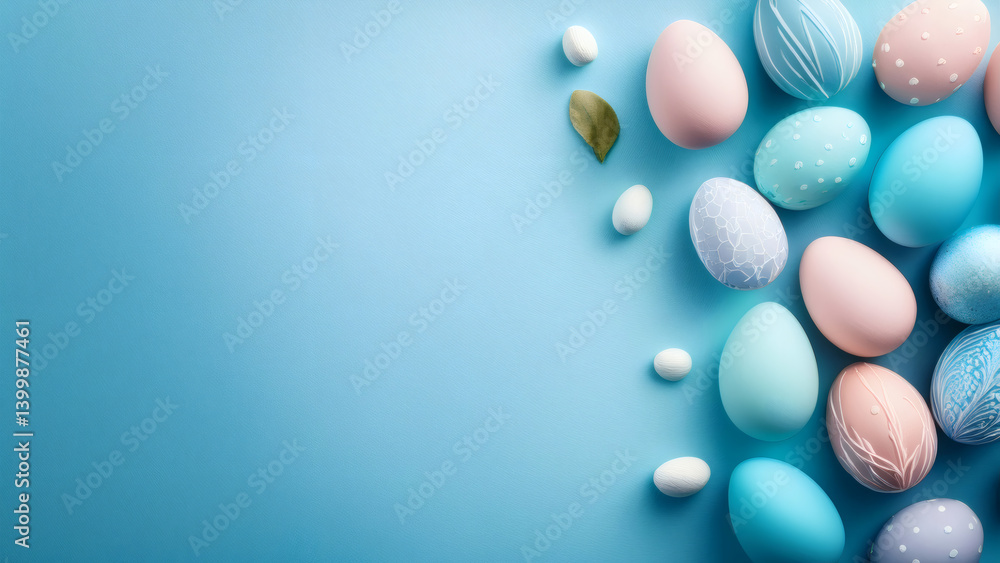 Easter party concept. Top view photo of easter background with pastel colored eggs on isolated pastel blue background with copy space. Easter party concept. Top view photo of easter background with pastel colored eggs on isolated pastel blue background with copy space.