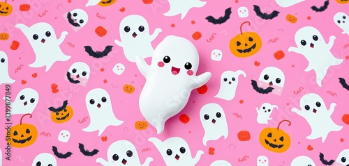 Adorable cartoon ghost floats amidst a whimsical pink Halloween pattern, pastel, pattern