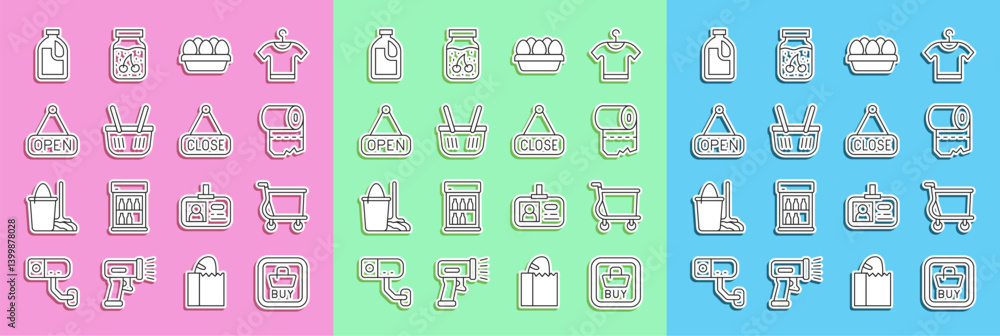 Set line Buy button, Shopping cart, Toilet paper roll, Chicken egg box, basket, Hanging sign with Open, Bottle for cleaning agent and Closed icon. Vector Set line Buy button, Shopping cart, Toilet paper roll, Chicken egg box, basket, Hanging sign with Open, Bottle for cleaning agent and Closed icon. Vector