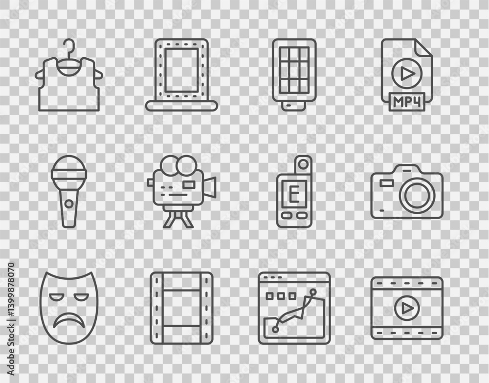 Set line Drama theatrical mask, Play Video, Softbox light, Sleeveless T-shirt, Retro cinema camera, Histogram graph photography and Photo icon. Vector Set line Drama theatrical mask, Play Video, Softbox light, Sleeveless T-shirt, Retro cinema camera, Histogram graph photography and Photo icon. Vector