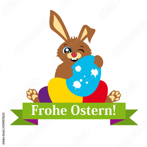 Frohe Ostern Banner mit einem lustigen Osterhasen und bemalten Eiern