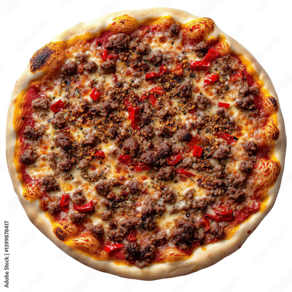 avory sausage pizza topped with ground meat, melted cheese, and diced tomatoes, isolated on transparent background.