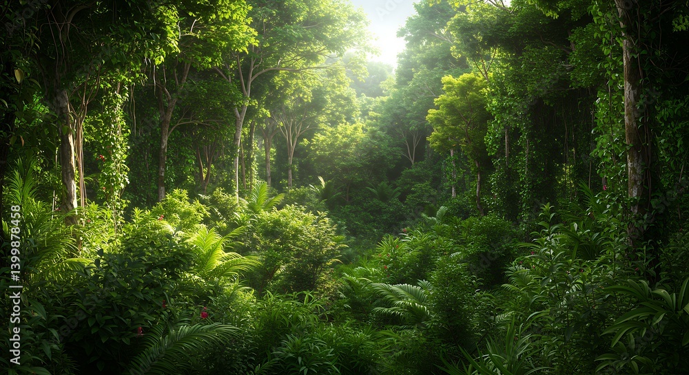 Fototapeta premium Lush Green Jungle with Sunlight Streaming Through the Canopy