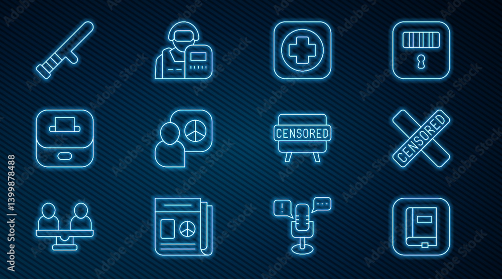Set line Law book, Censored stamp, Hospital signboard, Peace talks, Vote box, Police rubber baton, and officer icon. Vector Set line Law book, Censored stamp, Hospital signboard, Peace talks, Vote box, Police rubber baton, and officer icon. Vector