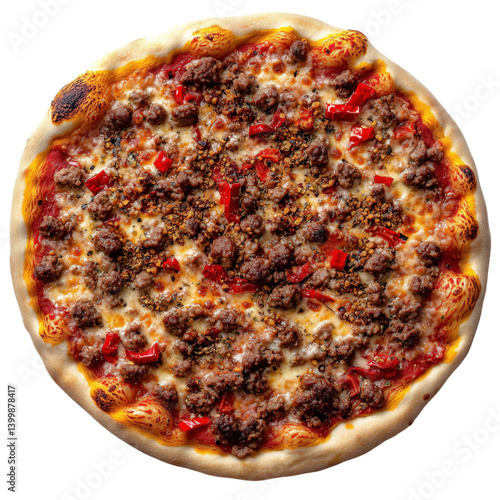 Obraz na płótnie avory sausage pizza topped with ground meat, melted cheese, and diced tomatoes, isolated on transparent background. w salonie