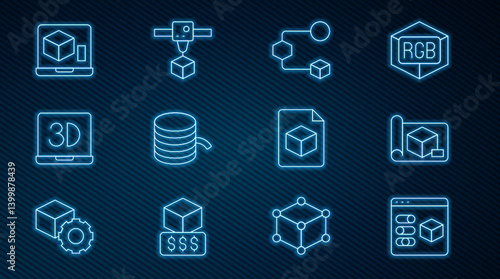 Set line 3D printer, Graphing paper for engineering, Isometric cube, Filament, file and icon. Vector