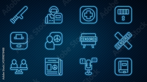 Set line Law book, Censored stamp, Hospital signboard, Peace talks, Vote box, Police rubber baton, and officer icon. Vector