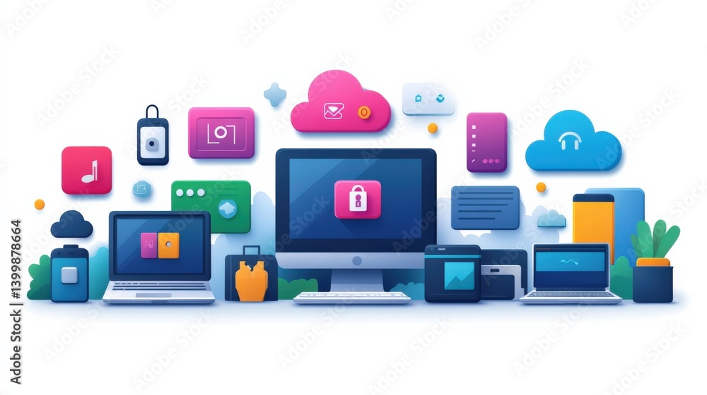 Colorful digital illustration of various devices and cloud services showcasing data security features Colorful digital illustration of various devices and cloud services showcasing data security features