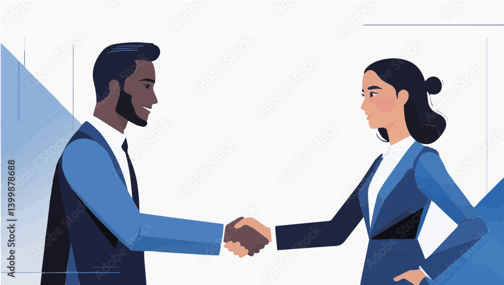 Fototapeta premium Two confident business people, one male and one female, with diverse skin tones, shaking hands in a professional and respectful manner