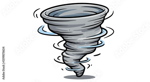 Cartoon tornado vector with swirling funnel, bold outlines, smooth curves, playful style, and dynamic motion.