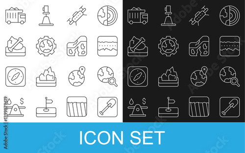 Set line Shovel, Magnifying glass with globe, Soil ground layers, Drone, Gear wheels and earth, Archeology, Mining dump truck and Geological fault icon. Vector