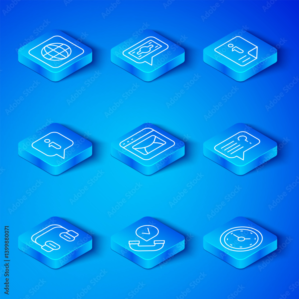 Set line Headphones, Mail and e-mail, Telephone handset, Unknown search, Information, Worldwide and Clock icon. Vector Set line Headphones, Mail and e-mail, Telephone handset, Unknown search, Information, Worldwide and Clock icon. Vector
