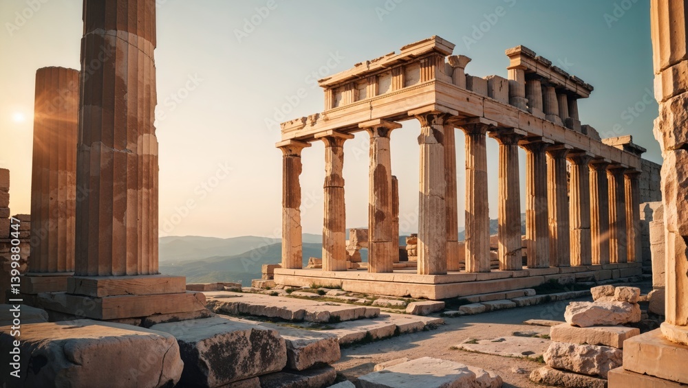 Fototapeta premium As the sun sets, it casts a beautiful glow over the Parthenon, located on the Acropolis in Athens, Greece