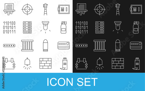 Set line Pepper spray, Credit card, Fire extinguisher, Watch tower, Server, Data, Web Hosting, Binary code, Paper shredder and Motion sensor icon. Vector