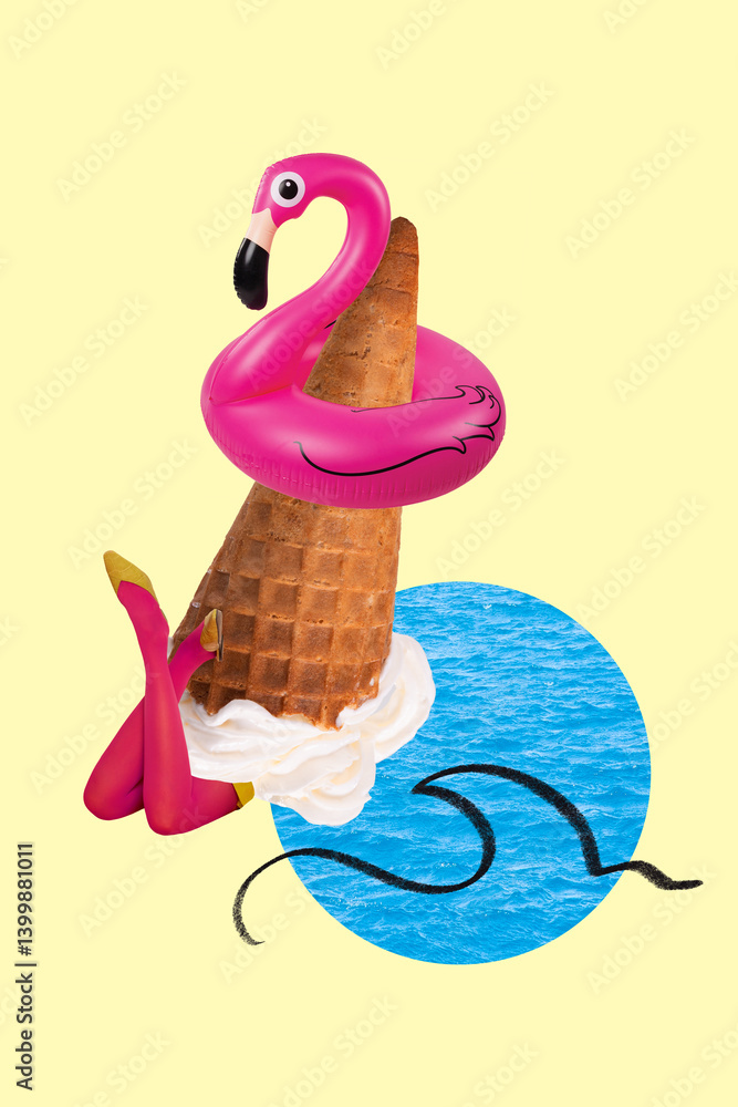 Ice cream cone with woman legs in pink stockings and pink flamingo float atop against light yellow background with abstract sea. Contemporary art collage. Concept of summer, surrealism