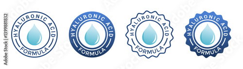 hyaluronic acid formula stamp, seal, badge, sticker, label, logo blue and white color. skincare, beauty care, body care, make up ingredient hydrating system  
