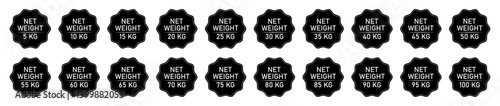 Net weight labels from 5 kg to 100 kg in 5 kg steps. Perfect for packaging, logistics, and product design. Net weight label collection. Black badge. Clean, professional icons for digital or print use.