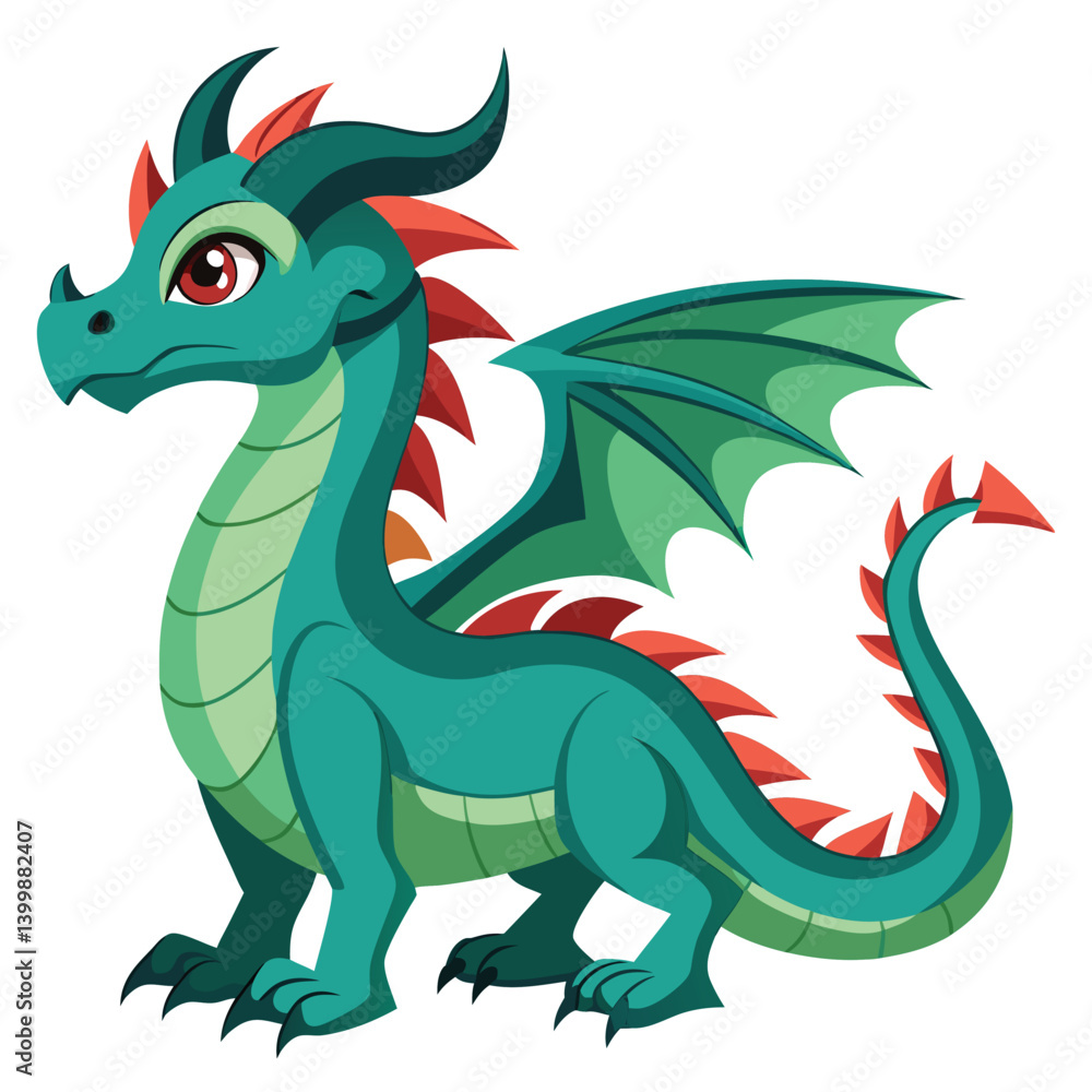 Fototapeta premium Green cartoon dragon flat design on white background