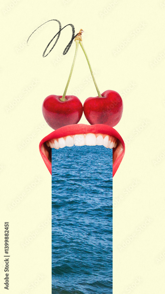 Open female mouth with cherry eyes devours ocean stream in surreal vertical cutout. Summer fun and whimsical design. Contemporary art collage. Concept of surrealism, imagination, trip