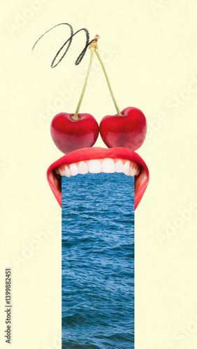 Obraz na płótnie Open female mouth with cherry eyes devours ocean stream in surreal vertical cutout. Summer fun and whimsical design. Contemporary art collage. Concept of surrealism, imagination, trip w salonie
