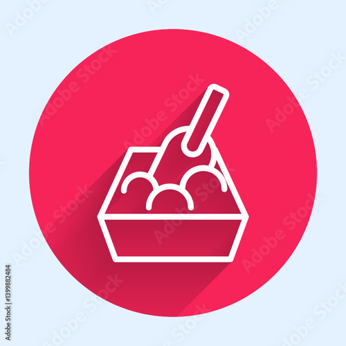 White line Cat litter tray with shovel icon isolated with long shadow background. Sandbox cat with shovel. Red circle button. Vector